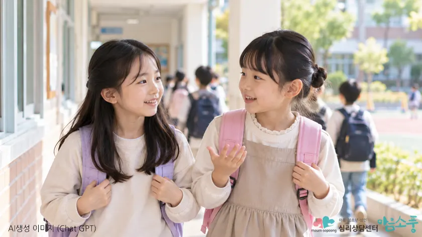 친구와 대화하며 의사소통 경험을 조금씩 넓혀가는 선택적 함구증 아동