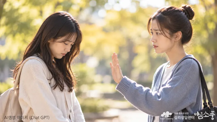 공원에서 상대방의 거절을 마주하고 실망한 표정으로 고개를 숙이는 여성