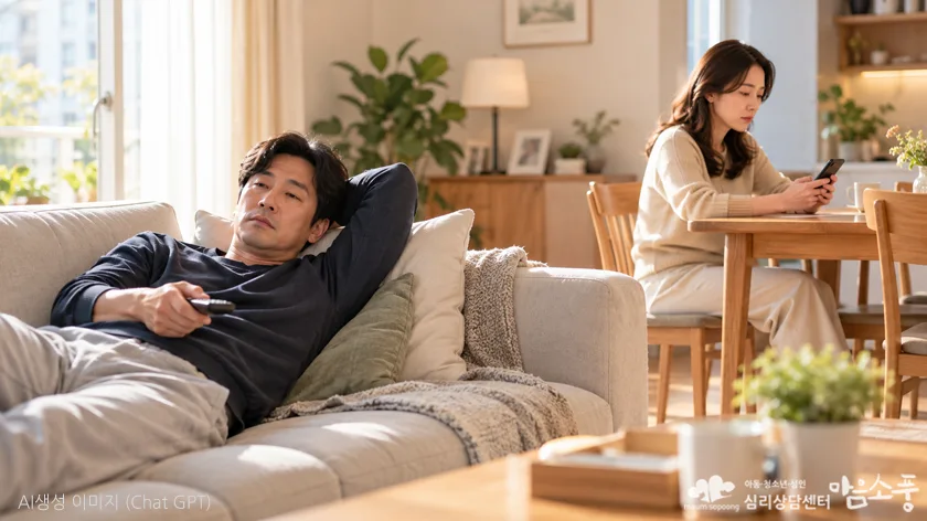 소파와 식탁 사이의 거리감이 느껴지는 부부 관계
